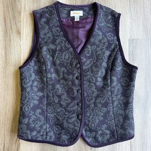 Talbots Vintage Purple Floral Damask Wool Blend Vest Velvet Trim Size 10 USA